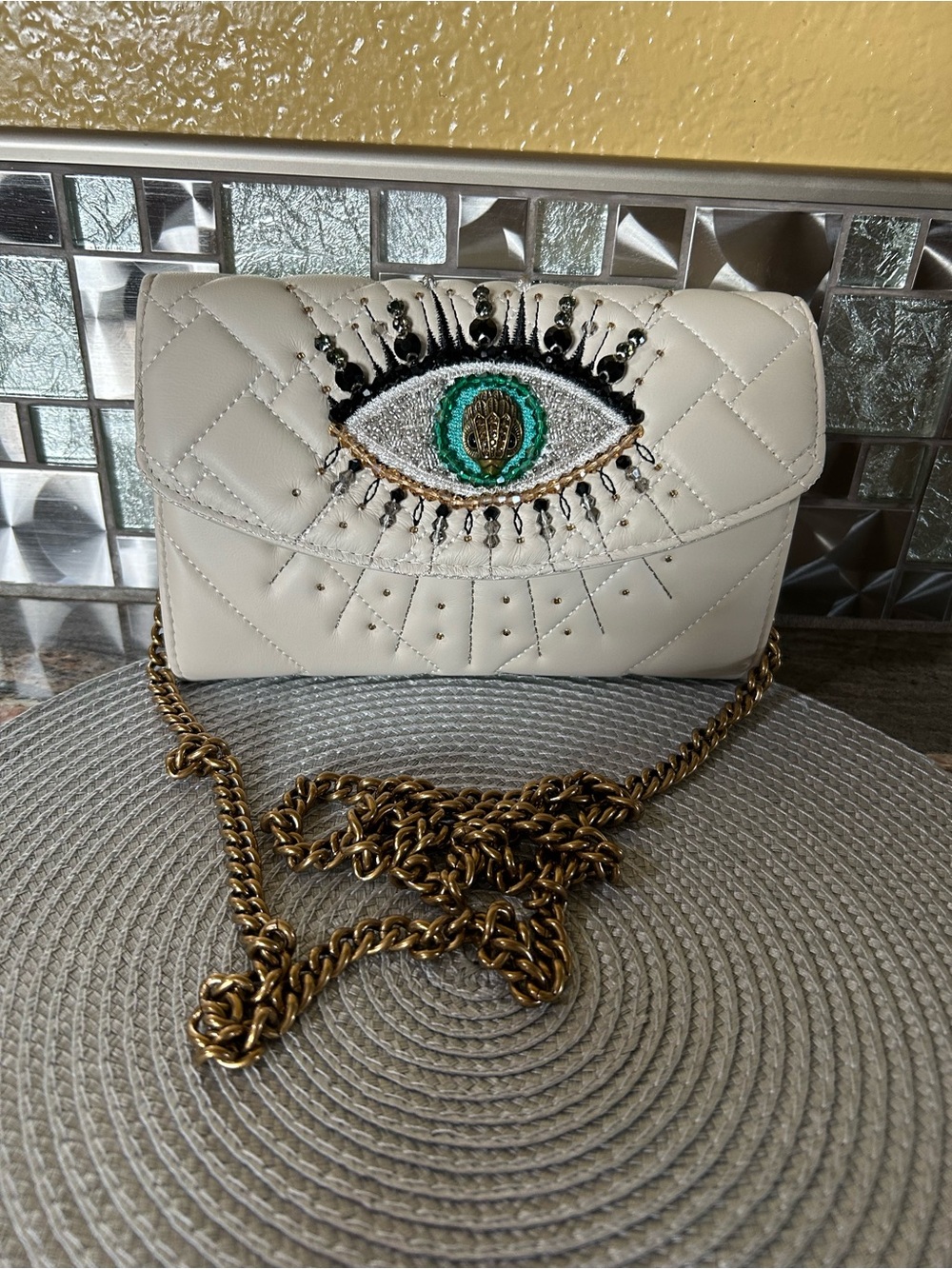 Kurt Geiger White Quilted Eye-Embellished Crossbody Bag size small